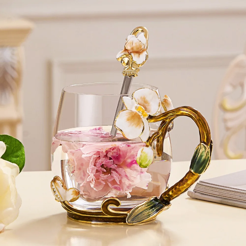 Enamels Orchid Tea Mug Drinking Mug Coffee Cup Coffee Mug Drinking Glasses European with spoon 11oz/320mL Enamels Orchid Tea Mug Drinking Mug Coffee Cup Coffee Mug Drinking Glasses European with spoon 11oz/320mL