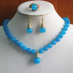 

Free shipping Charming Blue Precious Jade Stone Necklace Earring Ring(7/8/9) Jewelry Set (A0424)