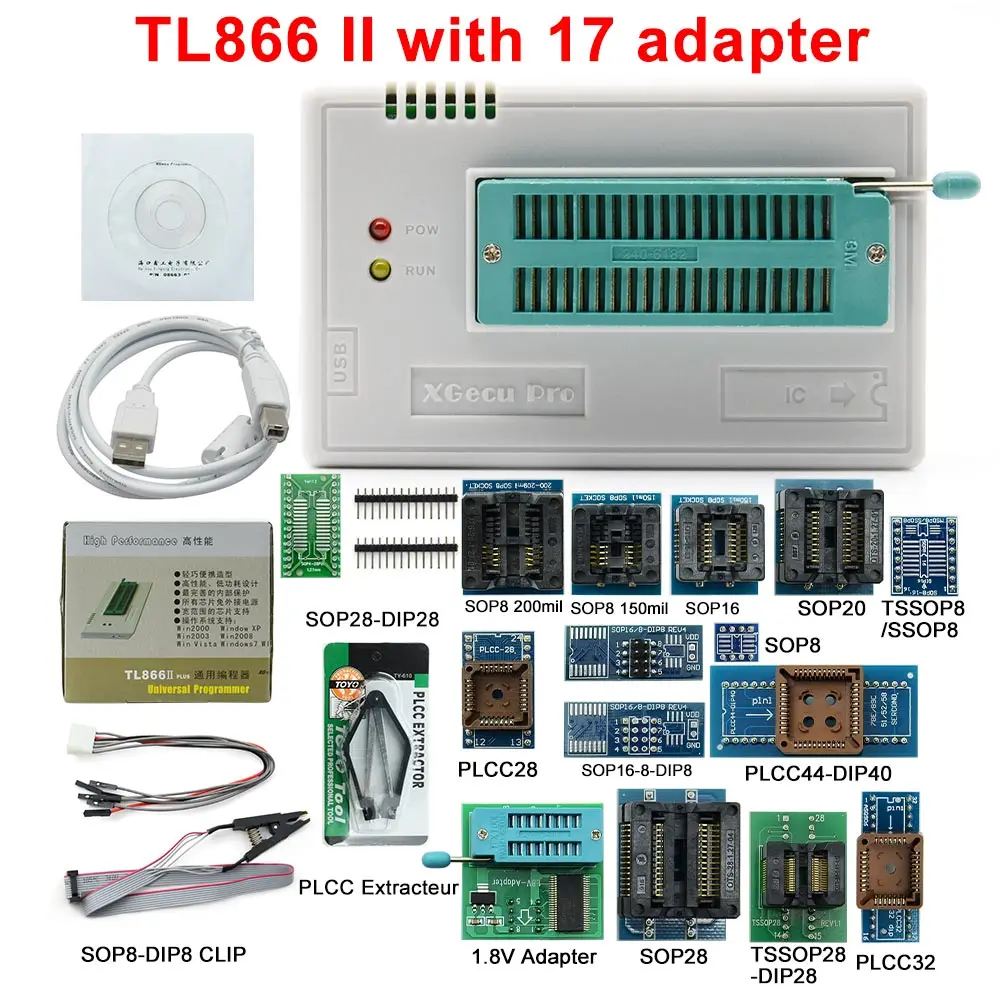 TL866II плюс универсальный программатор+ 17 адаптеров+ SOP8 IC клип Высокая скорость TL866 Flash EPROM программатор инструмент для программирования - Цвет: TL866 II 17Adapters