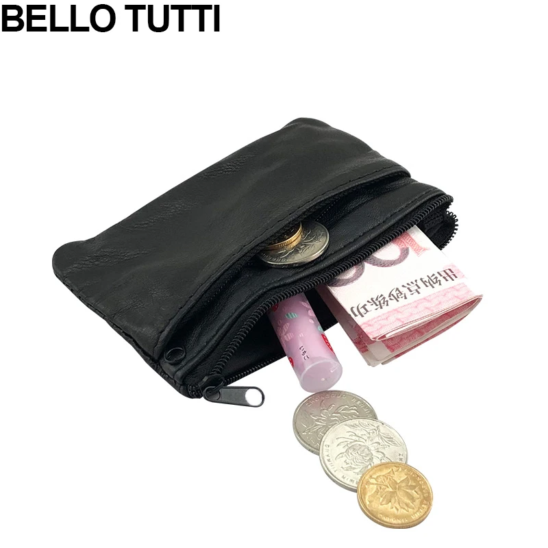 

BELLO TUTTI Genuine Leather Mini Coin Purse Girls Women Small Wallet Sheepskin Leather Money Card Bag Teen Cash Pouch Black