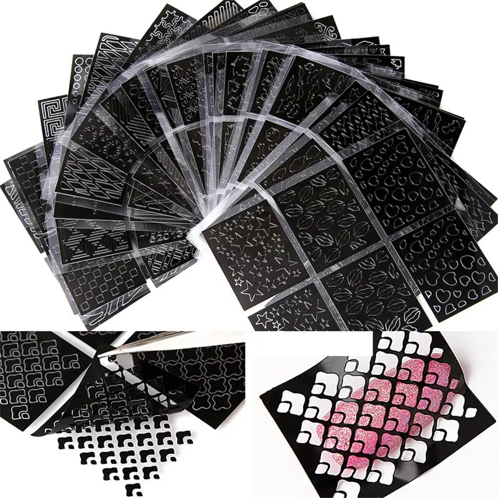 

16/24 Pcs Laser Hollow Stencil Stickers Nail Vinyls Transfer Tips Guide Template Heart Star Fish Design Sticker Nail Tips Decor
