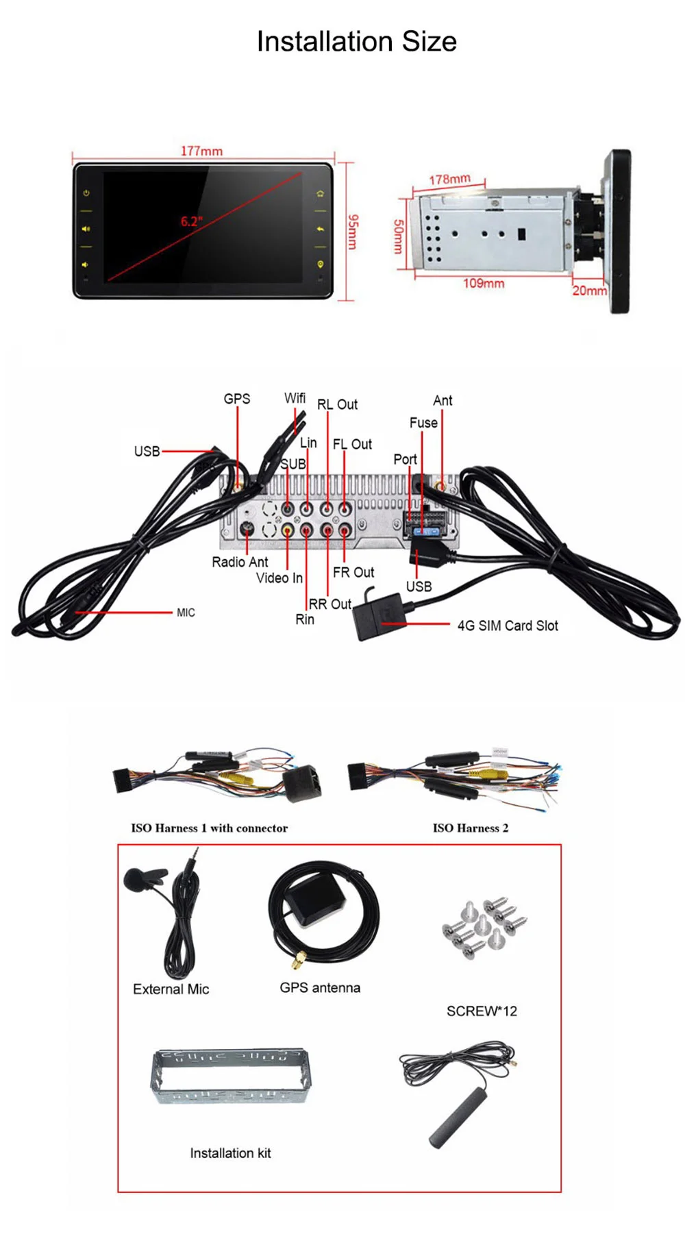 Excellent New 6.2" 1Din 4+32GB Android 8.1 Car Radio Audio Stereo Support 4G LTE SIM Network/DSP Octa Core GPS Carplay Multimedia Player 10
