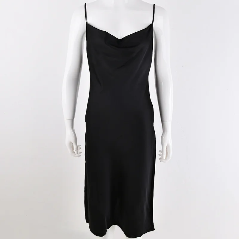 Ordifree летнее женское шелковое платье-комбинация белое черное красное с открытой спиной сексуальное атласное платье - Цвет: Black