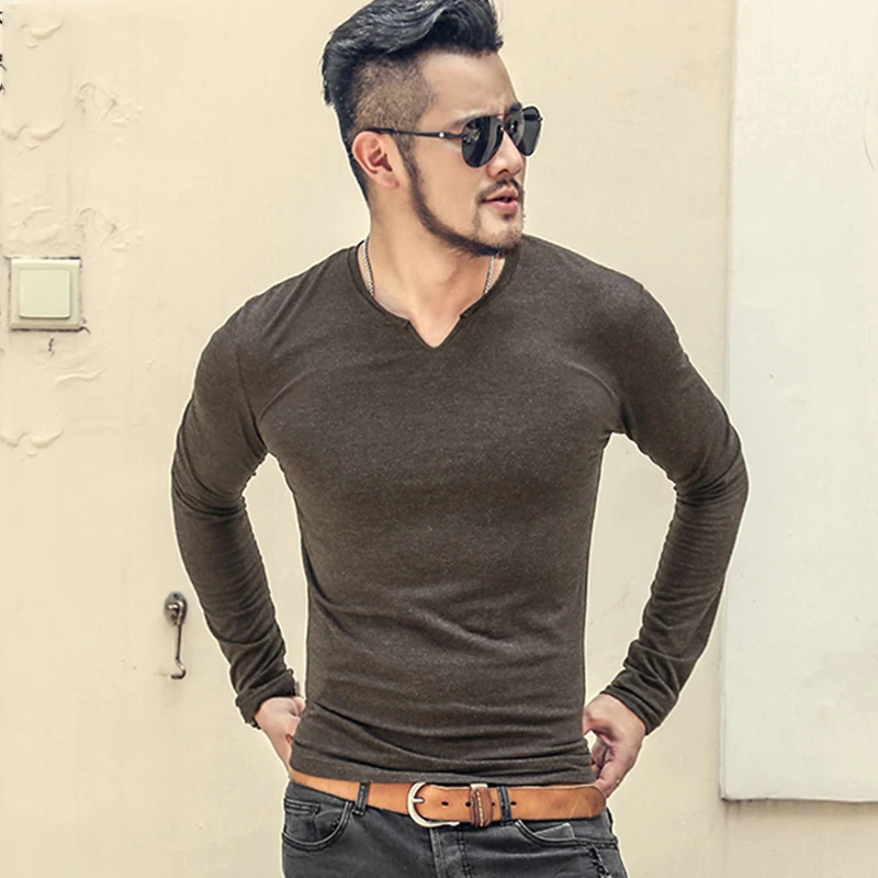 

Men New Autumn Wear Cotton Small V Collar Bottoming Long Sleeve T-shirt Men's Casual Slim Elasticed European Style Top Tees T951