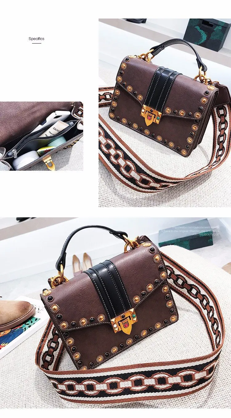Women's Rivets Vintage Leather Crossbody Bag Small Black Brown Punk Handbag Lock Decoration Shoulder Bag Designer Cross Body Bag (4)