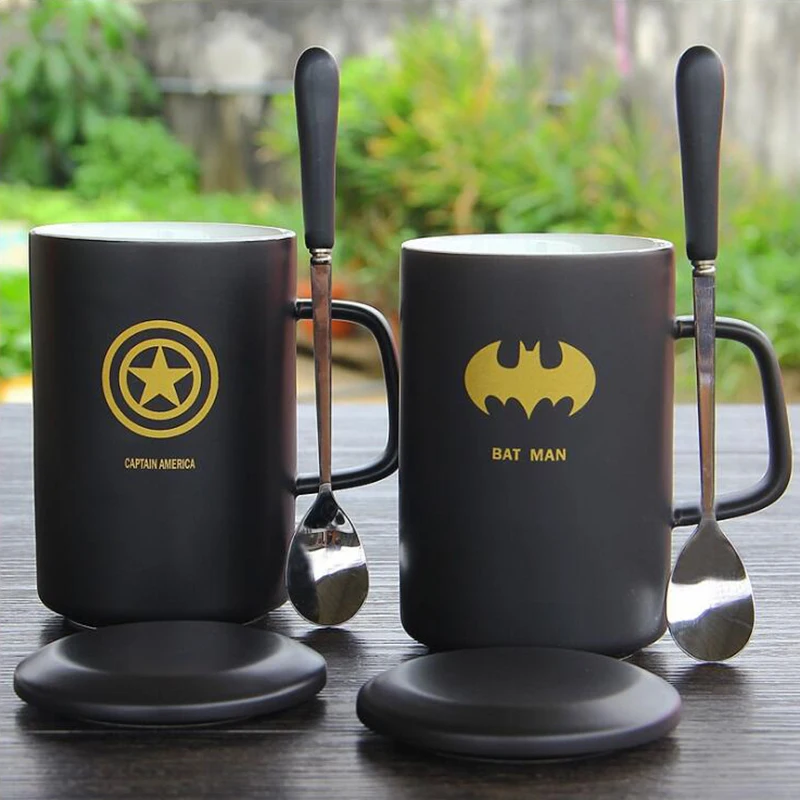 

Ceramic Morning Mug Hero Logo Style Black Mug with Lid and Spoon for Coffee Milk Tea SH09
