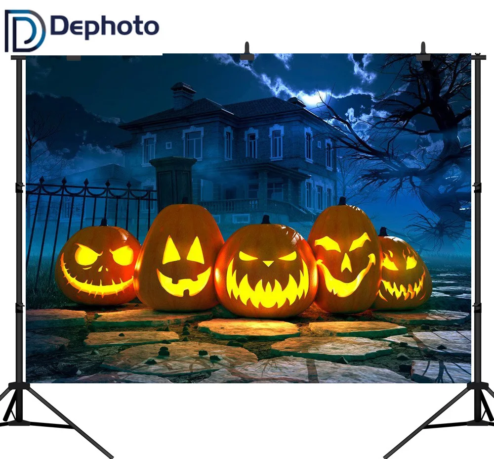 

DePhoto Seamless Photography Backdrop Halloween Horror House Pumpkin Path Background Photobooth Photocall Customize Decoration