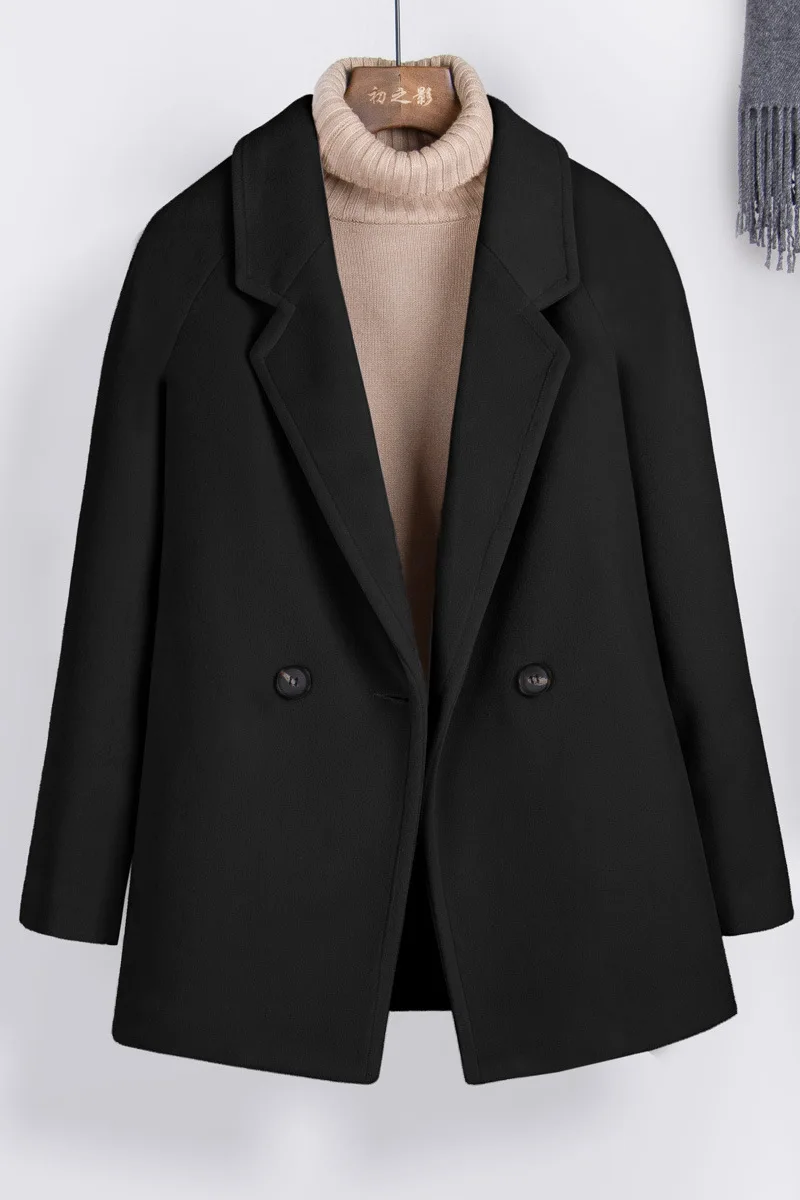 Женское короткое пальто с отложным воротником, Свободная Женская шерстяная куртка на одной пуговице, пальто и куртка в консервативном стиле - Цвет: Черный