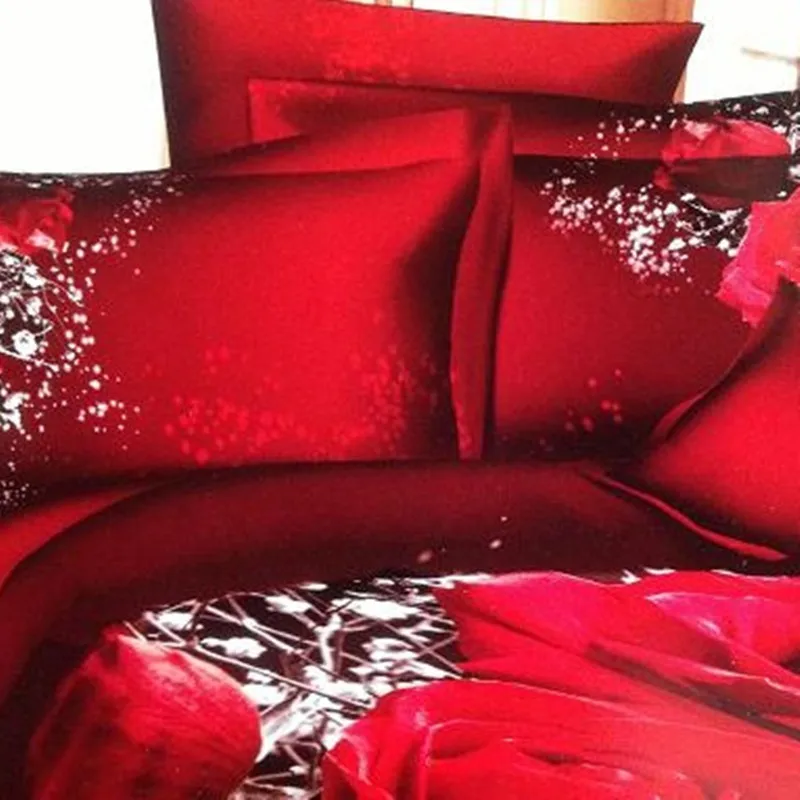 Reactive Printed 3D Bed Set 3D Bedding Set Linen Queen Bedclothes Duvet Cover Set Red Black Rose Coverlet