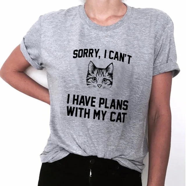 

4 Xl White Tshirts Womens Summer I Can't I Have Plans Print Kitten Short Sleeve Tops Women Clothing Women's T Shirt Plus Size