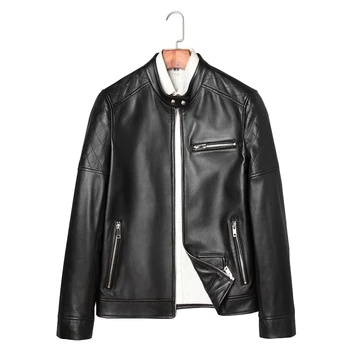 

Quality Genuine Sheepskin Leather Men Short Moto Coat Regular Male Black Jacket Casual Men Natural Leather Zipper Spring Jacket