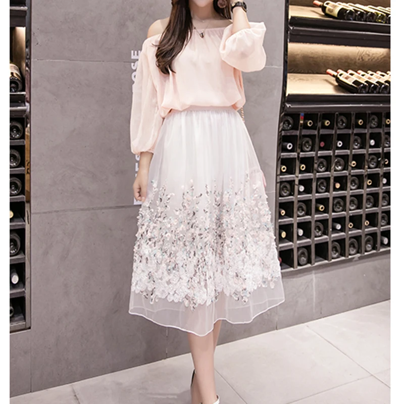 

Fanco New Puff Women Organza Tulle Skirt White Faldas High Waist Midi Appliques Floral Sakter Skirt Female Tutu Skirts