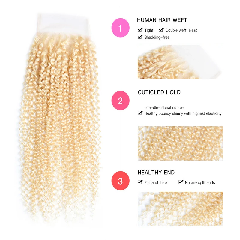613 Blonde Color Human Hair Extension Peruvian Kinky Curly Hair Bundles With Closure 4 Bundle Deal 613 Curly Hair Weaving Rcmei
