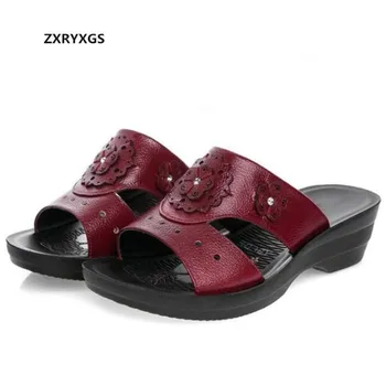 

2019 Summer Rhinestone Flowers Hollow Cow Leather Sandals Slippers Casual Shoes Wedge Soft Bottom Non-slip Women Shoes Sandals