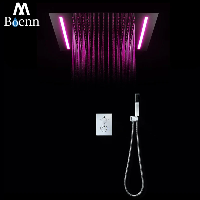 LED Ceiling Luxury 500x360mm Bathroom 304 Stainless Steel Overhead Shower Rainfall Polished Thermostatic Shower Faucets Set