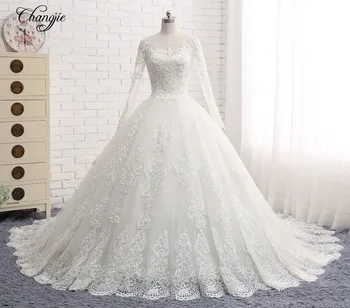 

New Arrival Long Wedding Dress 2018 Scoop Long Sleeves Chapel Train Ball Gown China Bridal Gowns Vestido de noiva longo