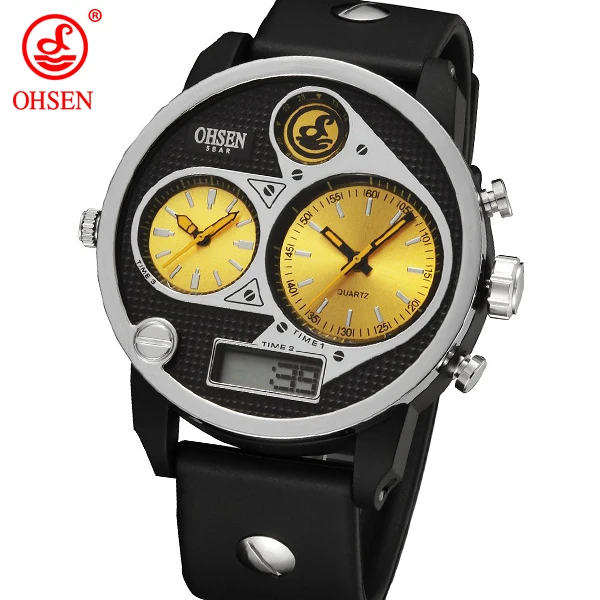 Известный бренд OHSEN кварцевые цифровые спортивные мужские часы с двумя зонами дисплей черный резиновый ремешок модные популярные наручные часы reloj masculino - Цвет: Yellow