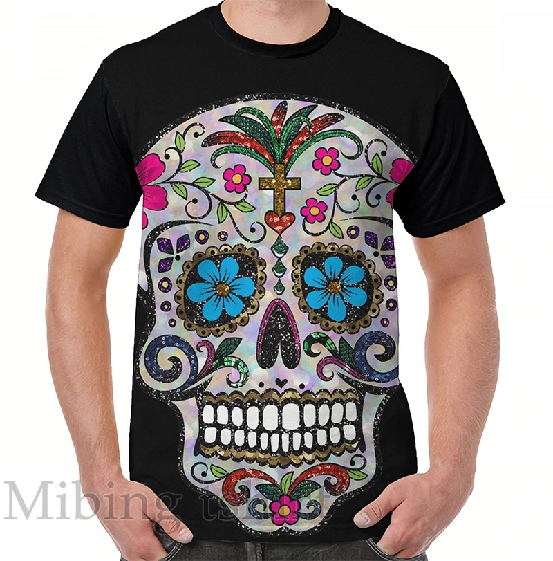 

Funny print men t shirt women Tops tee sequin Sugar Skulls Graphic T-Shirt O-neck Short Sleeve Casual tshirts