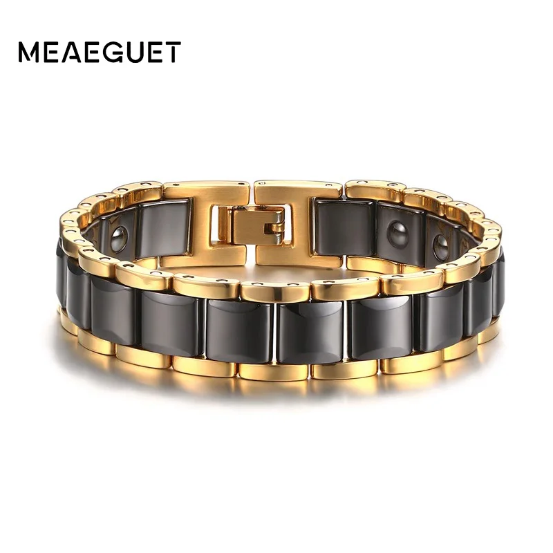 

Meaeguet 14mm Black Ceramic Hematite Health Bracelet For Men Gold-color Stainless Steel Therapy Biomagnetic Cuff Bangles