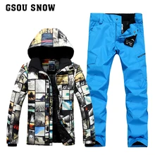 Gsou Snow/лыжи костюм мужской Снежный пейзаж узор зимний костюм зимняя ветронепроницаемая Водонепроницаемая Теплая Лыжная куртка+ лыжные брюки для мужчин