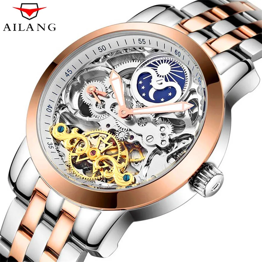 AILANG Skeleton Tourbillon модные повседневные дизайнерские механические мужские часы Топ бренд класса люкс автоматические часы мужские часы - Цвет: White Rose gold