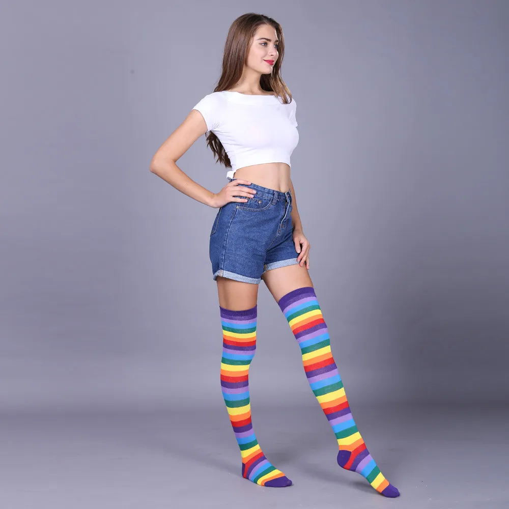 Thigh High Socks Women Stockings Cotton Thigh High Mixed Rainbow Striped Long Stockings Knitted Ladies Over The Knee Socks