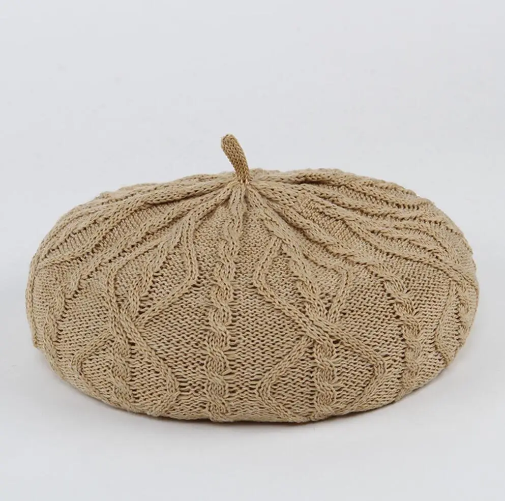 6pcs Designer Knitted Black Berets for Women Spring Summer Ladies Beige