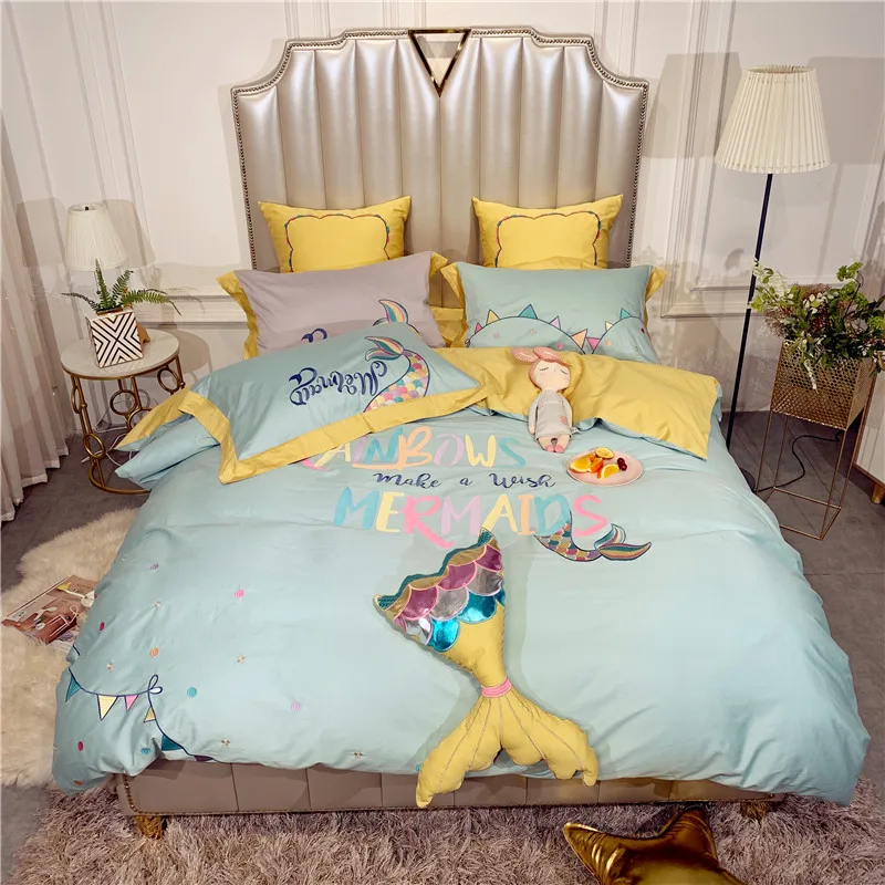 

2019 New Product Solid Color 1/2/4 Pcs Bedding Set egyptian cotton Bedclothes Mermaid Bed Linens Duvet Cover Set Bed Sheet