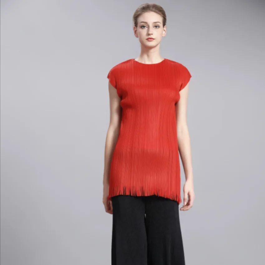 

Miyake Fashionable solid color folding tshirt summer long fringed T-shirt pleated tshirt free shipping