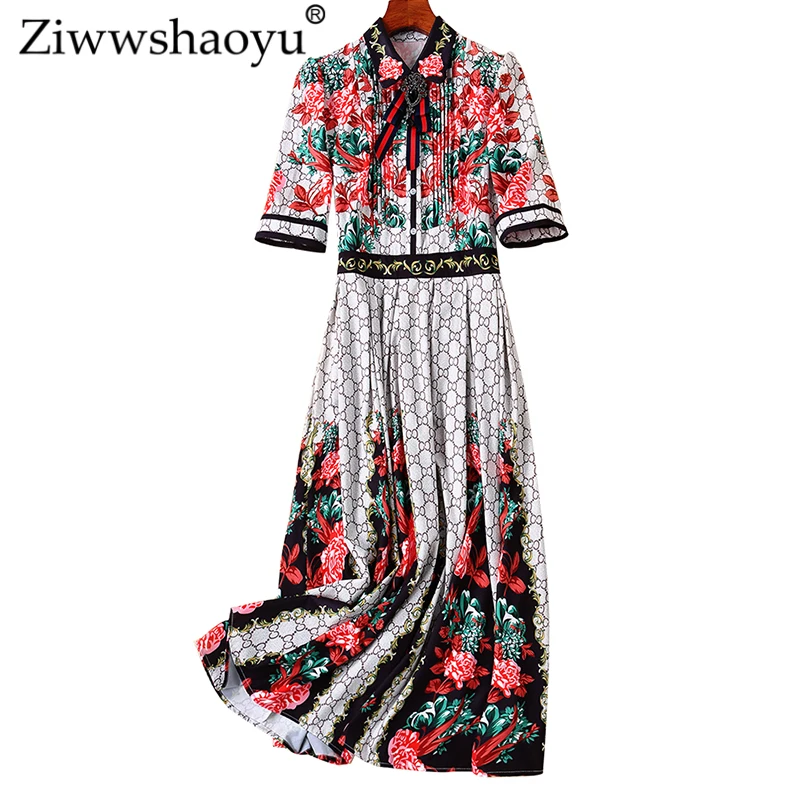 

Ziwwshaoyu vintage Print dresses Turn-down Collar Diamonds Bow Draped Elegant Party dress Spring and summer new women's
