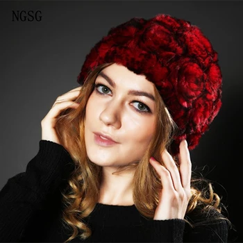 

Women Hat Rabbit Skin Real Winter Christmas Gift Fashion Popular Sexy Floral Keep Warm Fast Delivery High Quality BeaniesXF1304