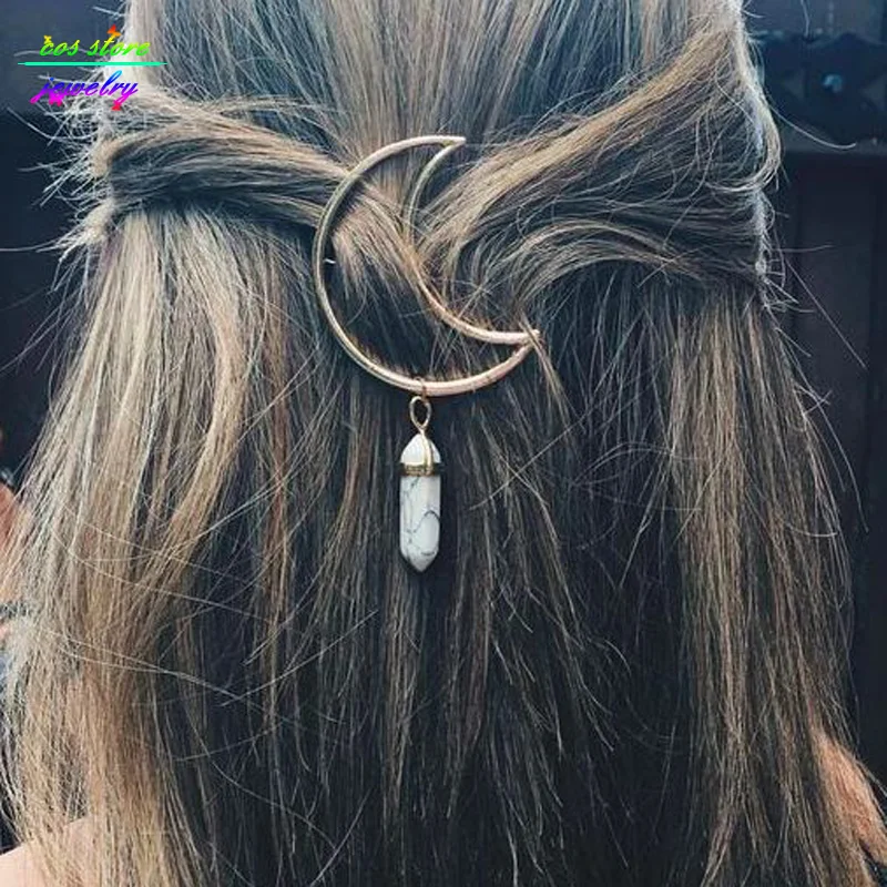 

2017 New Vintage Natural Stone Moon Statement Hairpin Sweet Bobby Pin Bijoux Fashion Jewelry Hair Clip