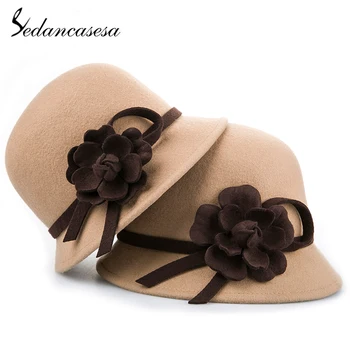 

Sedancasesa Autumn Winter England Style Vintage Woman Girls Children Fedora Hat Woolen Felt Caps Handmade Flowers Cloche Hats