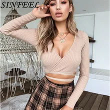 SINFEEL Sexy V Neck Women Sweater Criss Cross Bandages Crop Top Long Sleeve Sweaters Slim Fit 2018 New Autumn Winter pullover criss cross sleeve crop tee