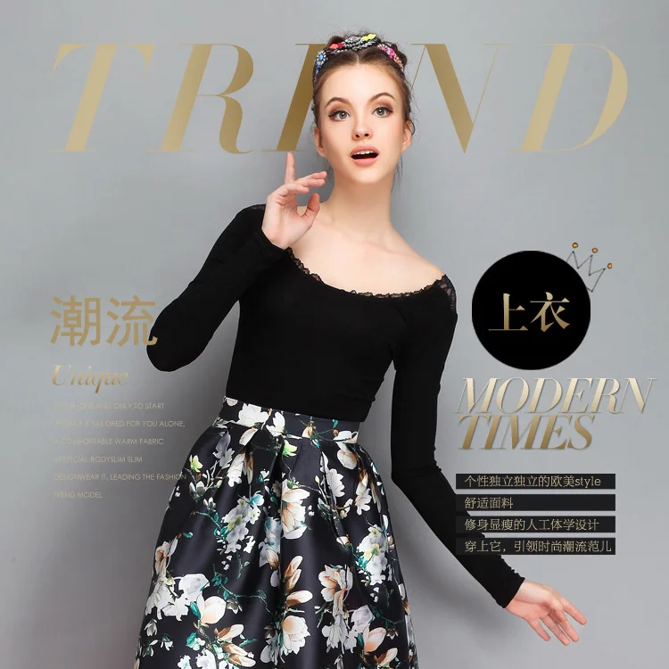 Free Shipping Women Lace Back Stitching Long Sleeve Scoop Neck Base Blouse T Shirt 695 |