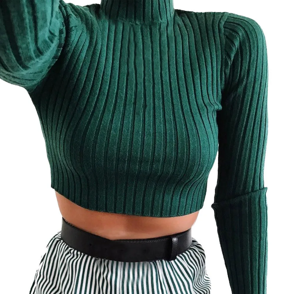 

Solid Green 2018 Fashion Women Casual Knit High Collar High Quality Women Sweater Shirt Long Sleeve Sweatshirt Short Tops Blouse