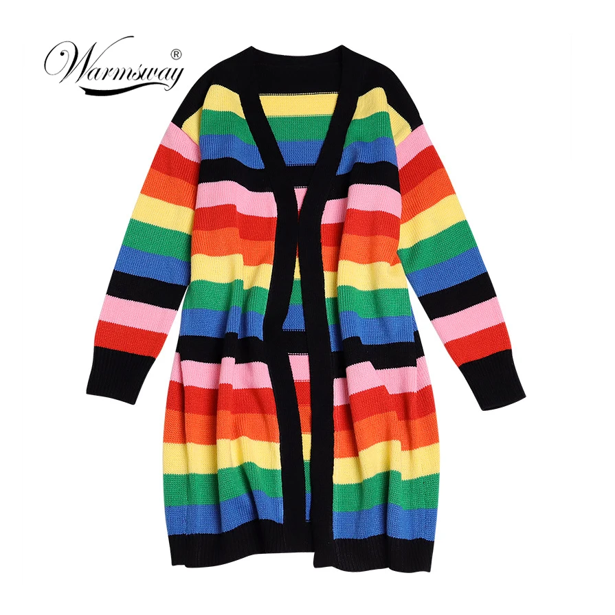 2019 New Fashion Women Rainbow Oversized Cardigan Long Knitted Sweater Cape Tops Femme Warm Sweaters Sueter Mujer C-396