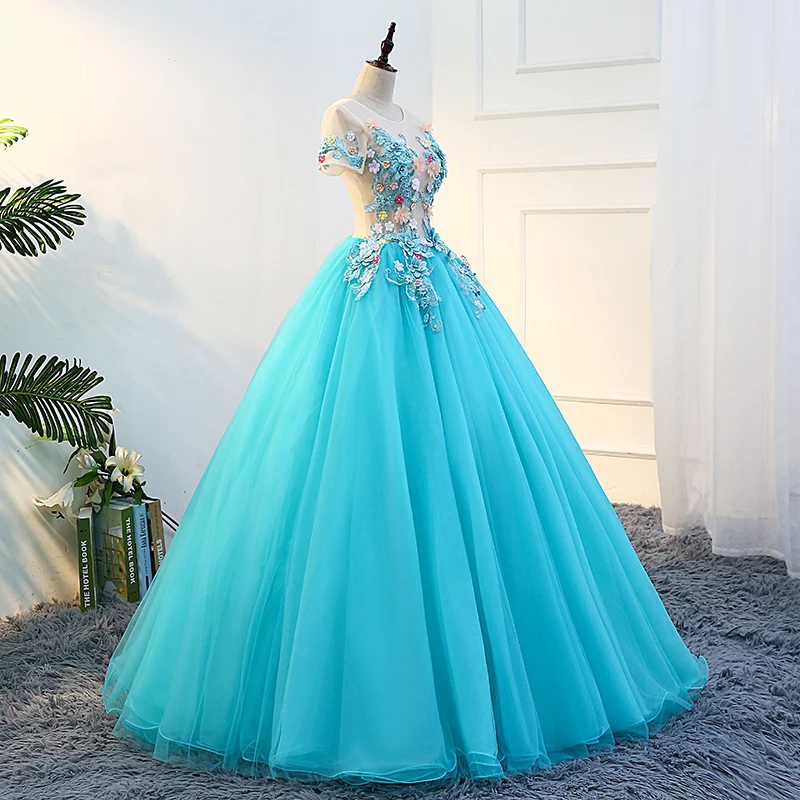 De quinceañera De manga corta, azul, con encaje, tul, 16 15 Anos - AliExpress