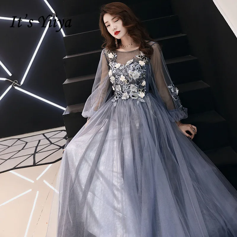 

It's YiiYa Evening Dress Illusion Full Appliques Beading Flowers Design Floor length Formal Dresses Long Sleeve Party Gown E064