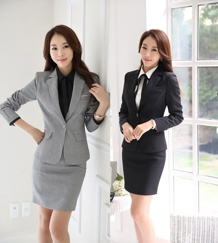 Novelty Grey Formal OL Styles Professional Business Women Work Suits Jackets And Skirt Office Ladies Blazers Outfits Set