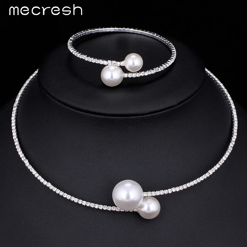 Mecresh Simple Crystal Simulated Pearl Jewelry Sets Fashion Choker Necklace Bracelet Bridal Jewelry Sets for Women MTL415