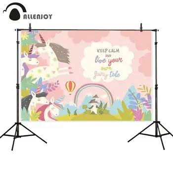 

Allenjoy photocall boda cartoon pink rainbow colorful unicorn hot air balloon frame Custom text birthday party photo background