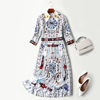 

New European American high end high end show V collar retro self cultivation 100 pleats famous fashion dress