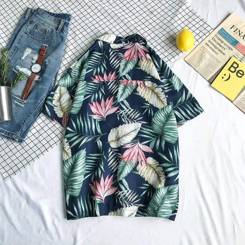 Летняя мужская модная брендовая рубашка с принтом листьев в стиле Ulzzang, шикарная мужская повседневная Гавайская пляжная рубашка для влюбленных, одежда для путешествий