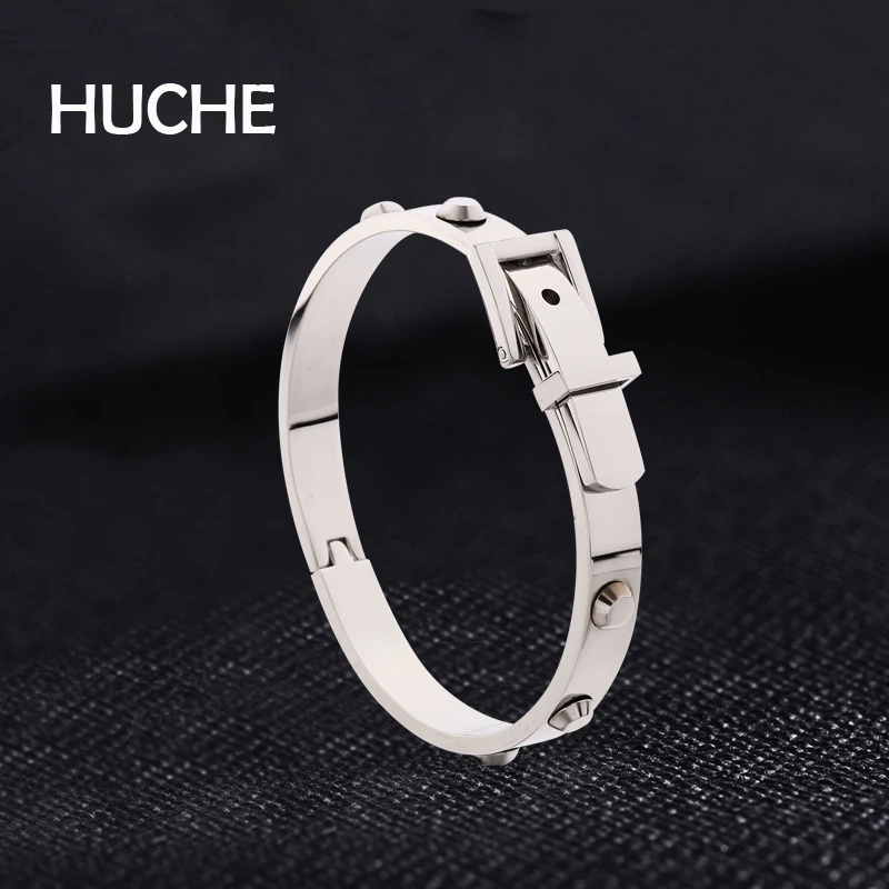 HUCHE Simulated Belt Stainless Steel Bangles For Women &amp Men Punk Rose Gold Color Fashion Jewelry Gift Friend HYJBZ001 | Украшения и