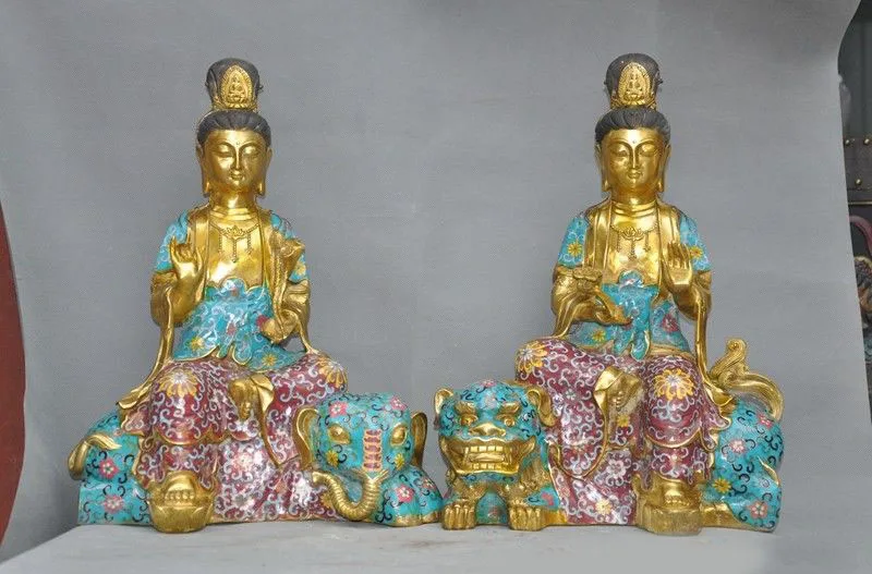 

christmas old Chinese bronze Cloisonne 24k gold Gilt wenshu Manjushri Samantabhadra statue halloween