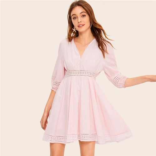 Шеин, Розовое Кружевное мини-платье с вышивкой в виде петель, женское платье с рукавом до локтя, весенне-летнее платье с v-образным вырезом, платья с высокой талией - Цвет: Розовый