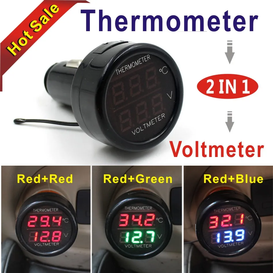 1pc 2 In 1 Red LED Car Cigarette Lighter Digital Voltmeter Thermometer