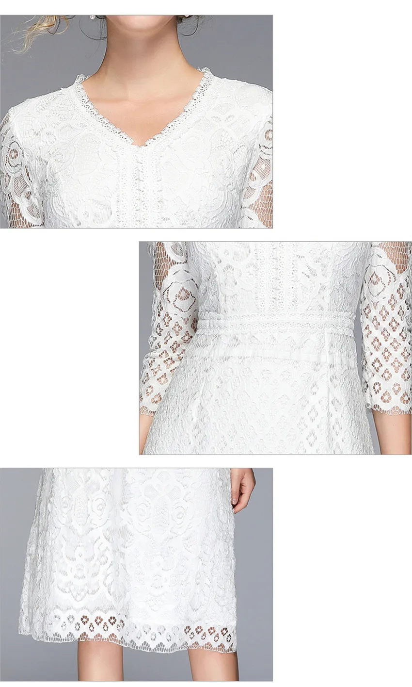 Весенне-Летнее белое кружевное платье женское однотонное элегантное платье с v-образным вырезом высококачественное модное вечернее платье средней длины Robe Femme