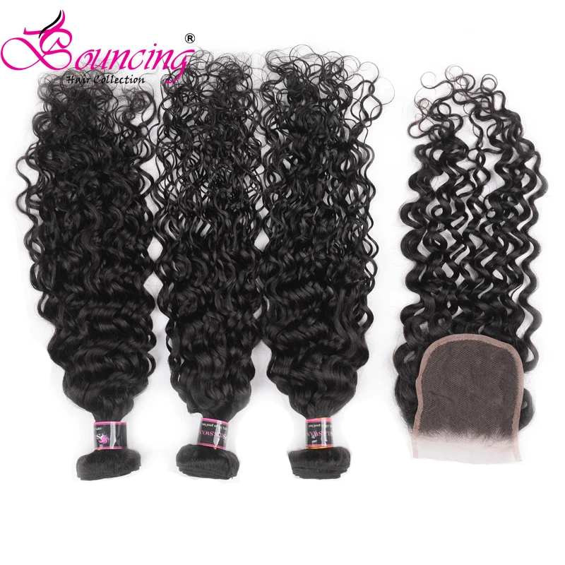 

Bouncing Hair Peruvian Water Wave 3Pcs Bundles Withe Closure Remy Hair Natural Color 8-26 Inch Free Shipping